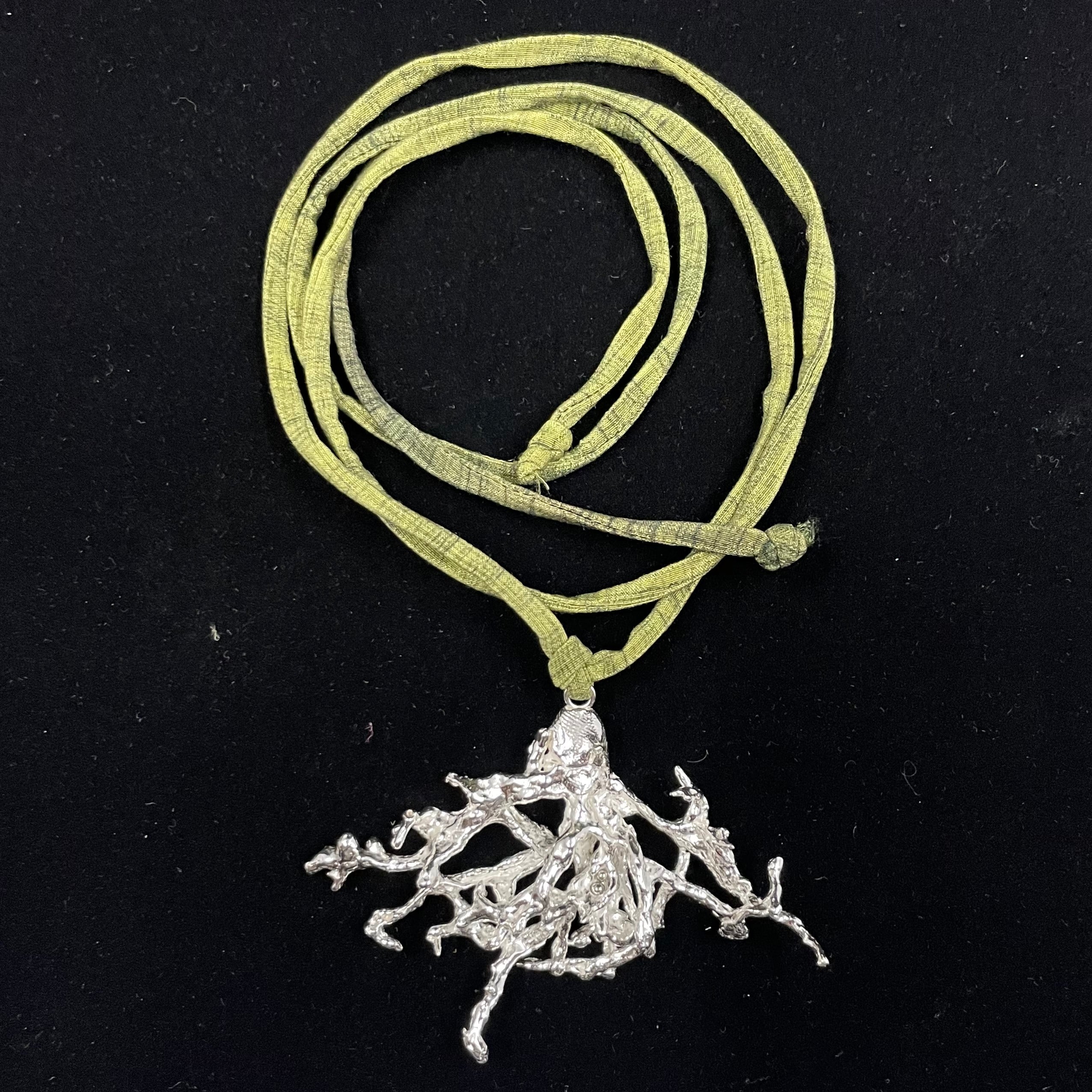 Fruticose Lichen pendant on recycled silk cord.