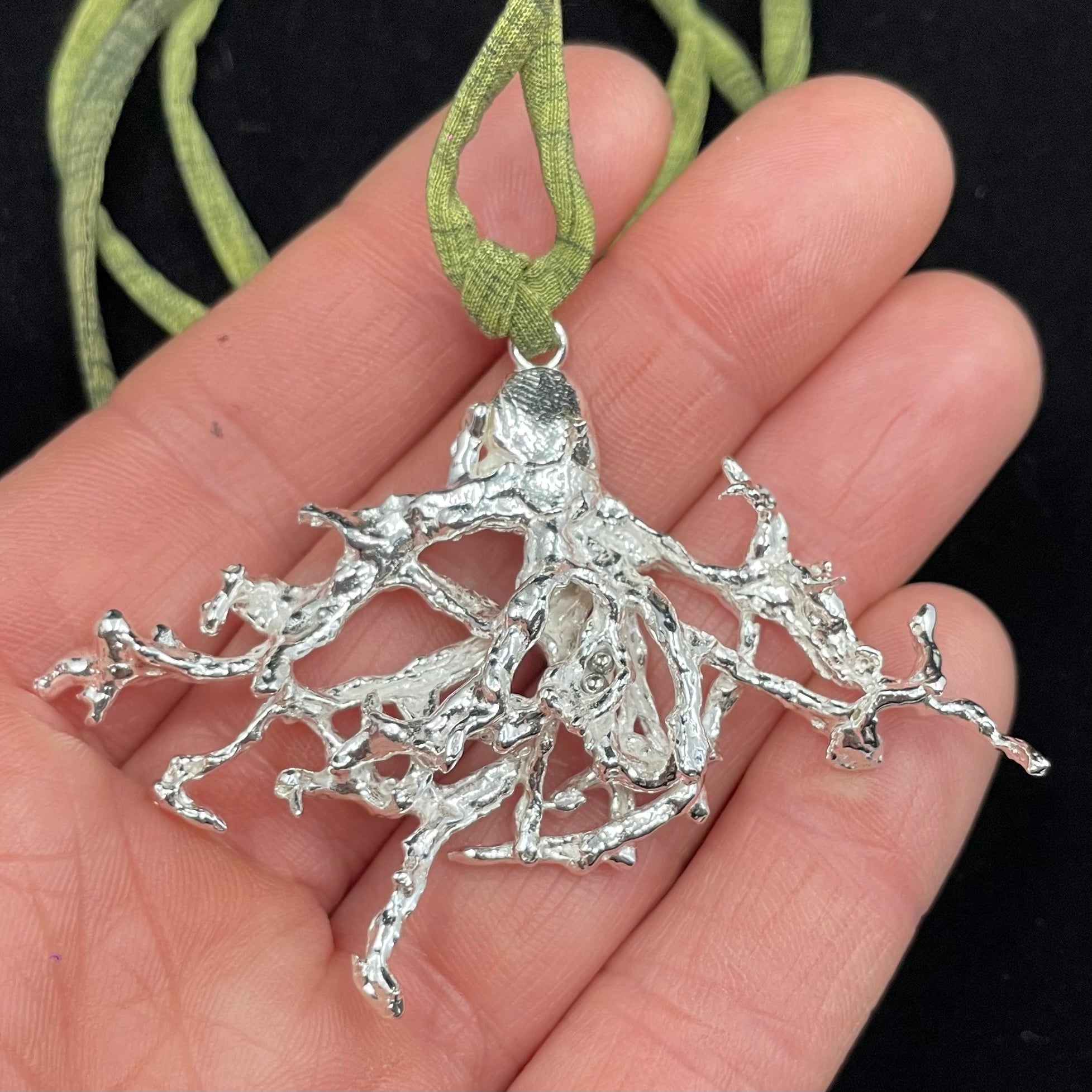 Fruticose Lichen pendant on recycled silk cord.