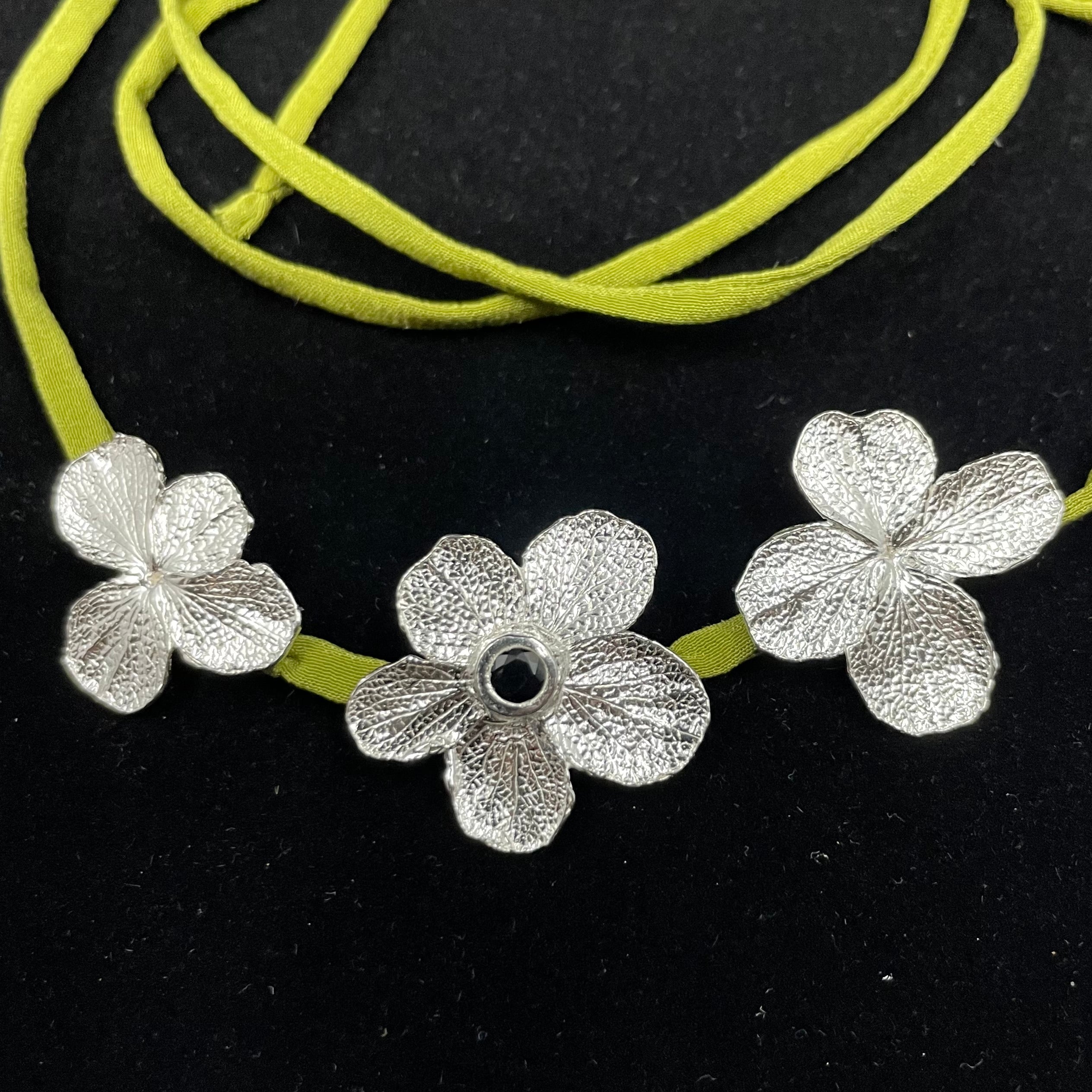 Sapphire, Hydrangea flowers and recycled silk necklace/bracelet