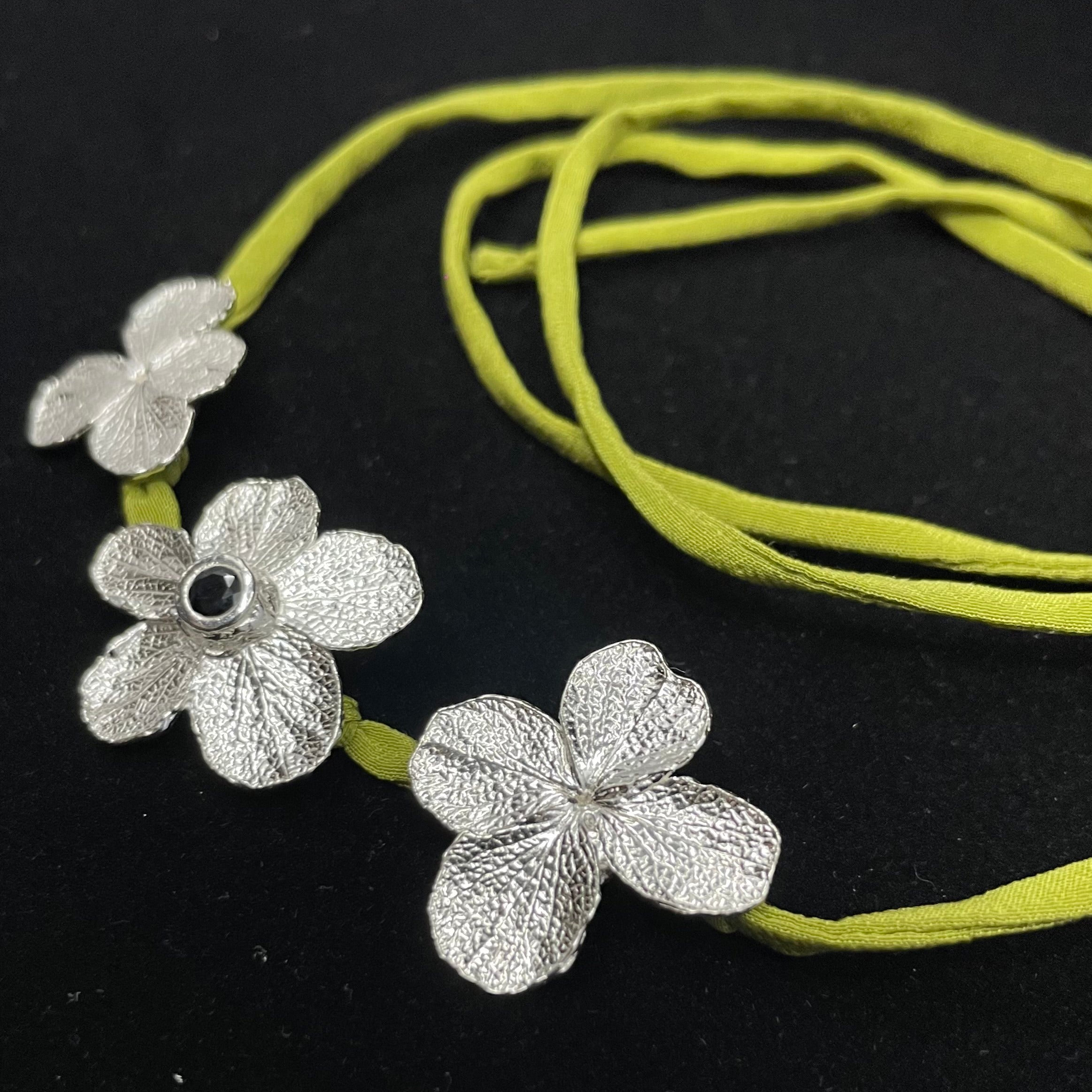Sapphire, Hydrangea flowers and recycled silk necklace/bracelet