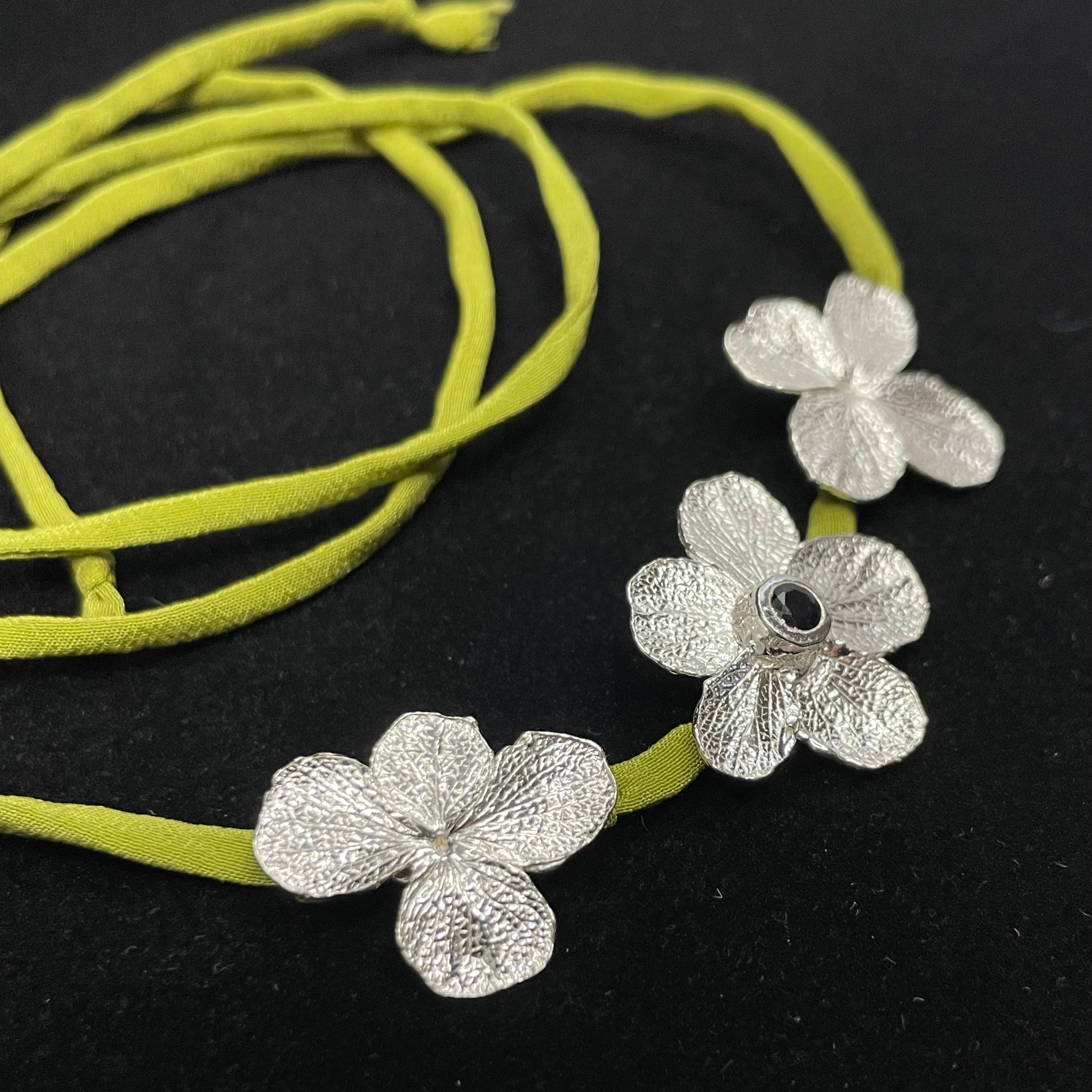 Sapphire, Hydrangea flowers and recycled silk necklace/bracelet