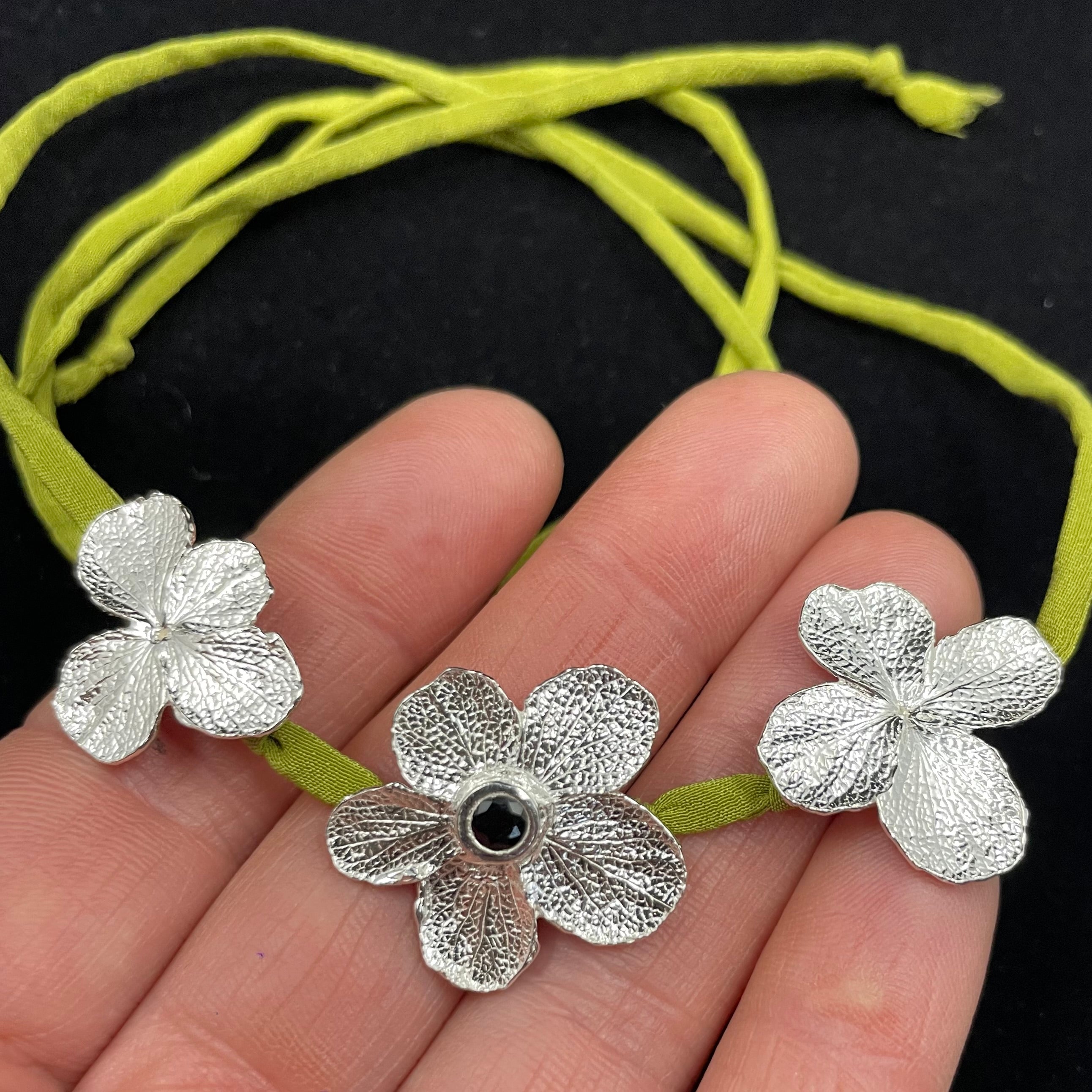 Sapphire, Hydrangea flowers and recycled silk necklace/bracelet