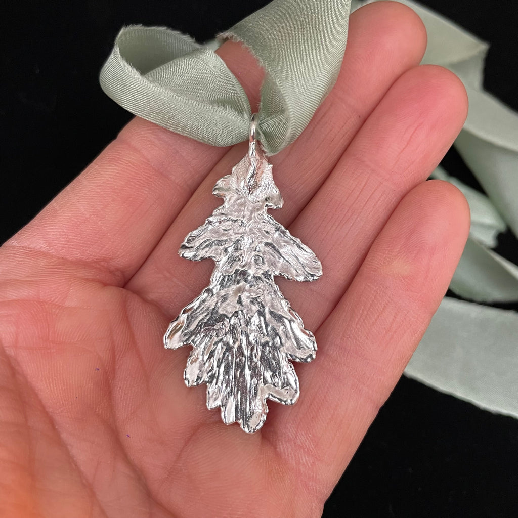 Oak leaf pendant on silk ribbon